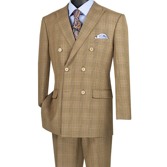 Luxurious Men's Double-Breasted Glen Plaid Suit - Mocha